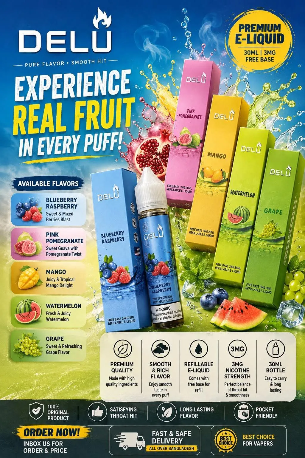 🎉 Experience Real Fruit Vibes This Season with DELU E-Liquid! 🍓🥭🍇