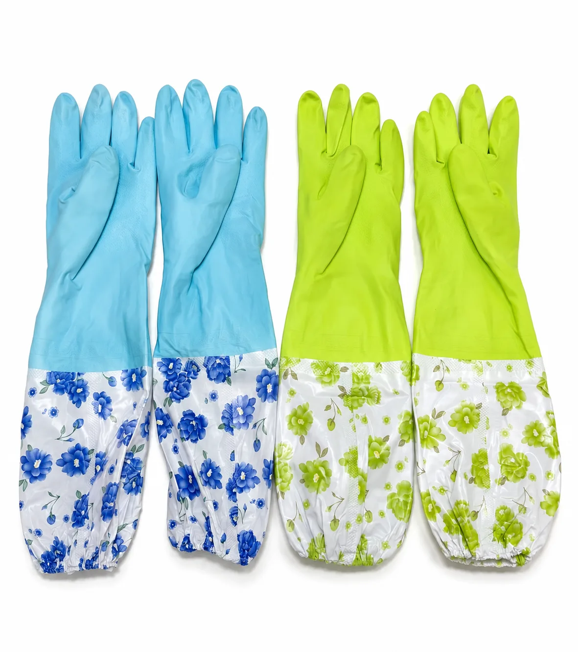 Premium long sleeve waterproof rubber cleaning gloves with floral waterproof cuffs for kitchen dishwashing and household cleaning